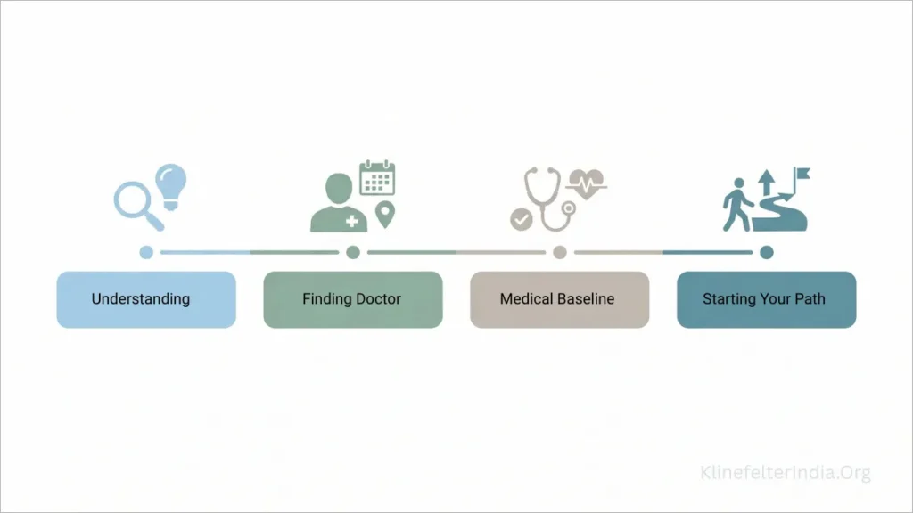 Timeline illustration showing the first 90 days after Klinefelter Syndrome diagnosis including understanding the condition, finding a doctor, establishing a medical baseline, and starting treatment.
