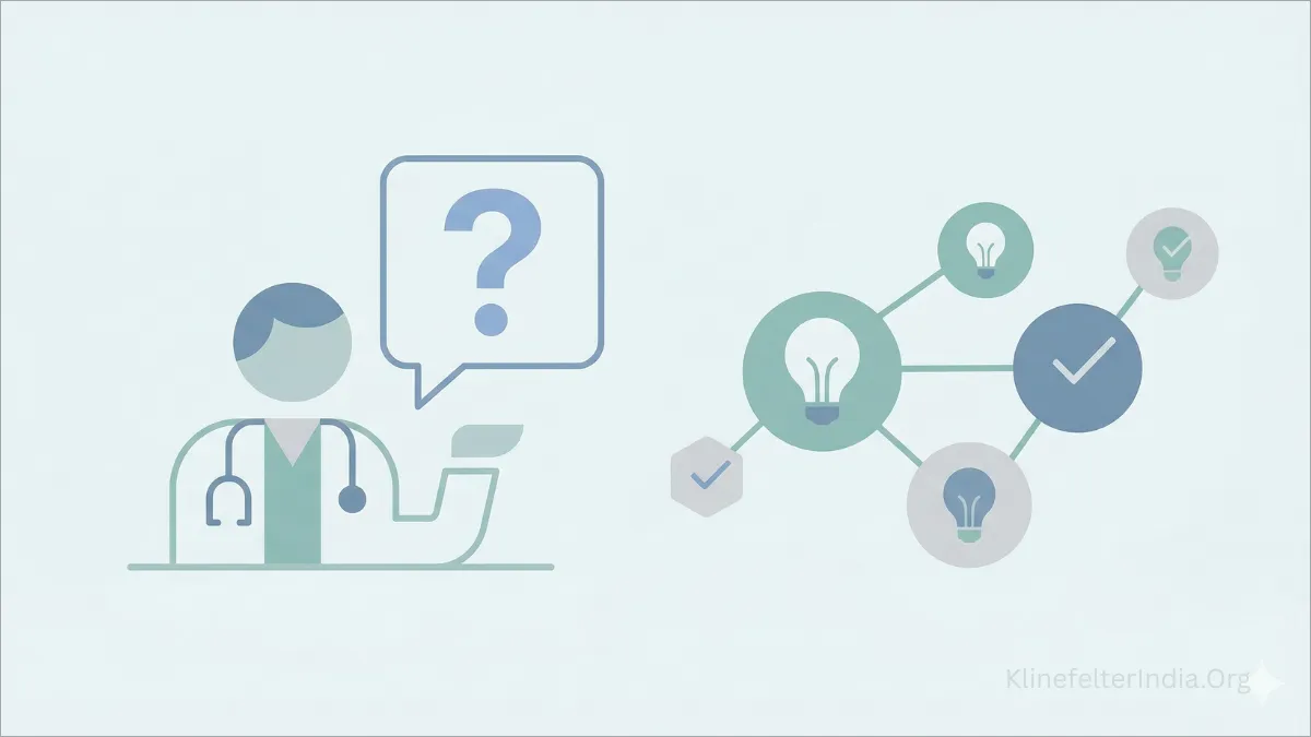 Illustration showing a doctor answering questions with connected idea icons representing frequently asked questions about Klinefelter Syndrome.