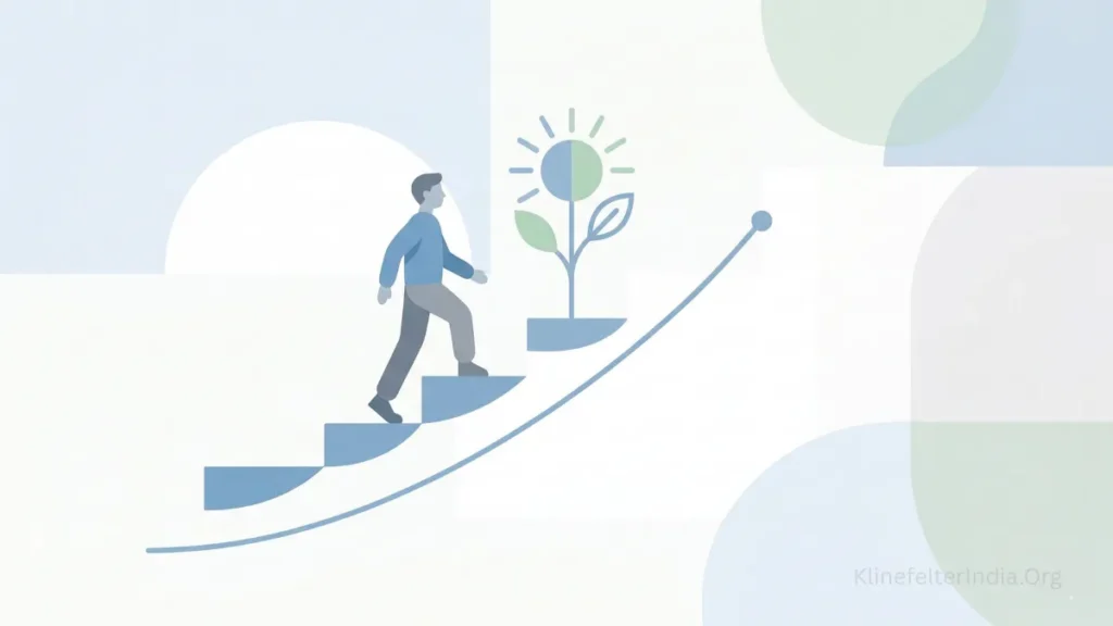 Timeline illustration showing the first 90 days after Klinefelter Syndrome diagnosis including understanding the condition, finding a doctor, establishing a medical baseline, and starting treatment.