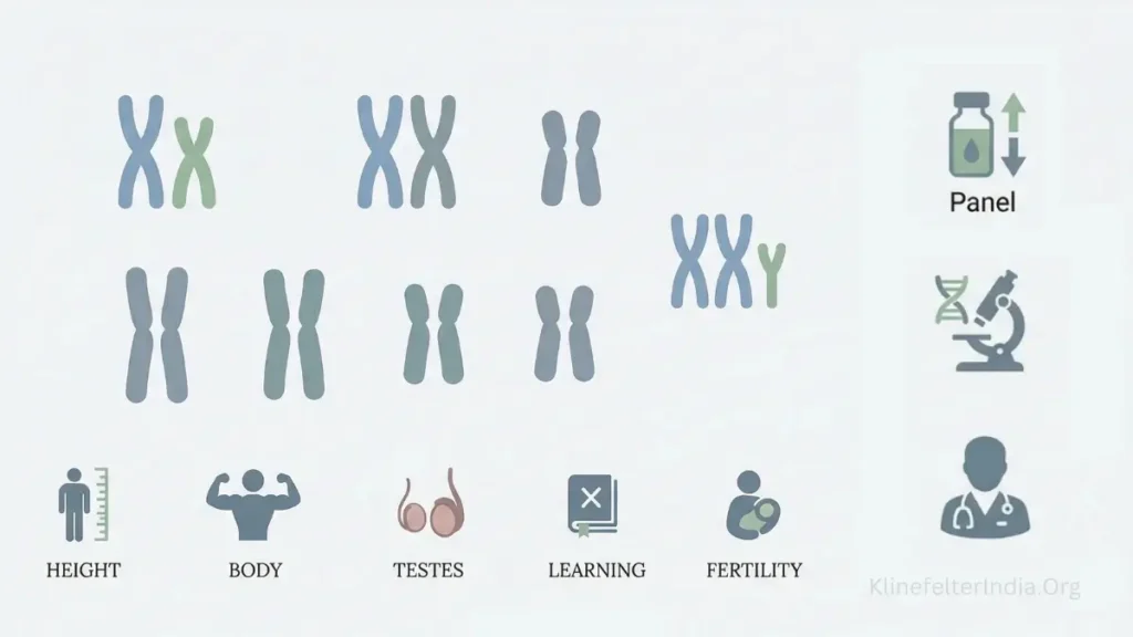 Illustration showing chromosome pattern XXY and common indicators of Klinefelter Syndrome including height, body features, testes size, learning differences, and fertility issues.
