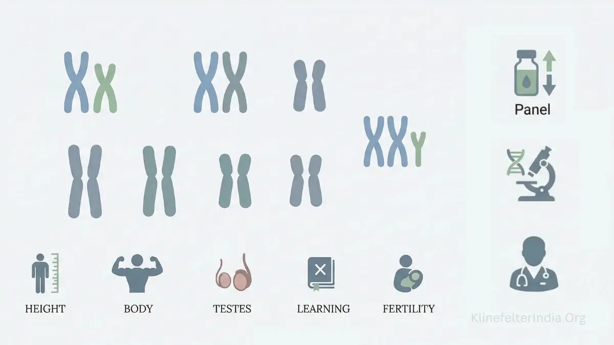 Illustration showing chromosome pattern XXY and common indicators of Klinefelter Syndrome including height, body features, testes size, learning differences, and fertility issues.