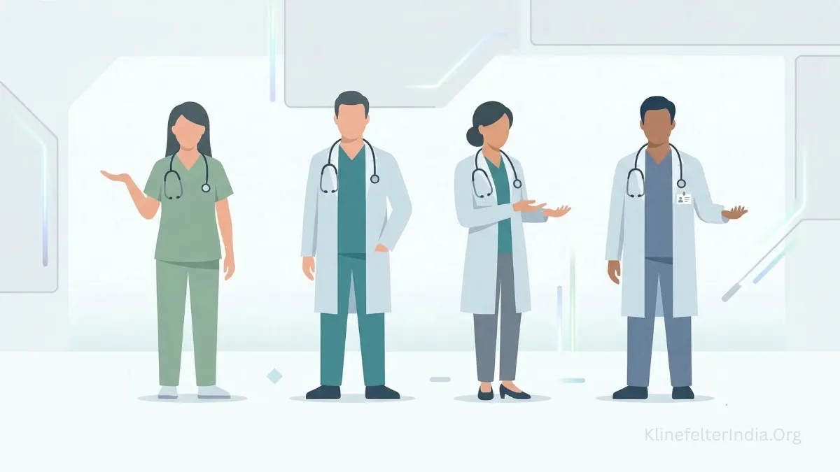 Illustration showing four doctors representing specialists involved in managing Klinefelter Syndrome including endocrinology, andrology, fertility medicine, and urology.
