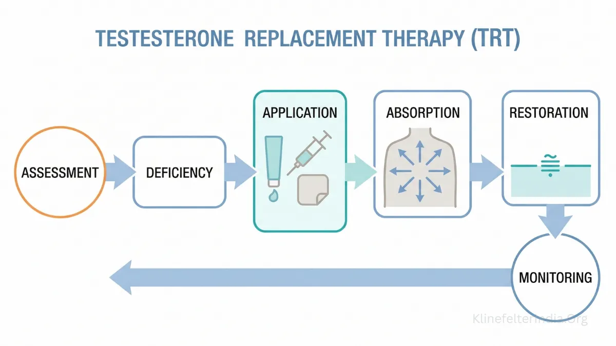 Diagram showing the process of testosterone replacement therapy including assessment, deficiency detection, application methods, absorption, restoration, and monitoring.