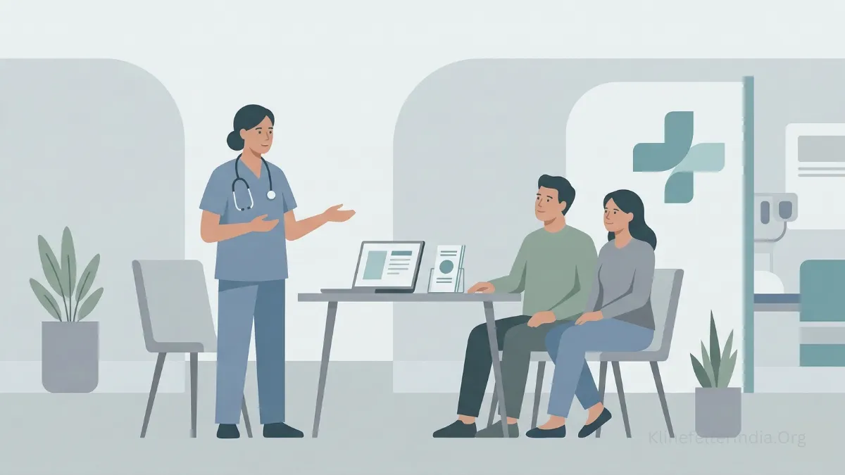 Illustration of a doctor explaining a medical condition to a couple during a consultation in a clinic.