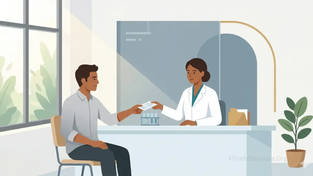 A young Indian man in a light grey collared shirt sits across a pathology lab reception counter, handing a form to a female Indian lab technician in a white coat with teal trim. A small test tube rack, potted plant, and frosted glass partition are visible in the bright, modern lab interior, illustrating the process of getting diagnostic tests done for Klinefelter Syndrome in India.