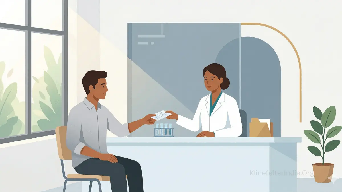 A young Indian man in a light grey collared shirt sits across a pathology lab reception counter, handing a form to a female Indian lab technician in a white coat with teal trim. A small test tube rack, potted plant, and frosted glass partition are visible in the bright, modern lab interior, illustrating the process of getting diagnostic tests done for Klinefelter Syndrome in India.